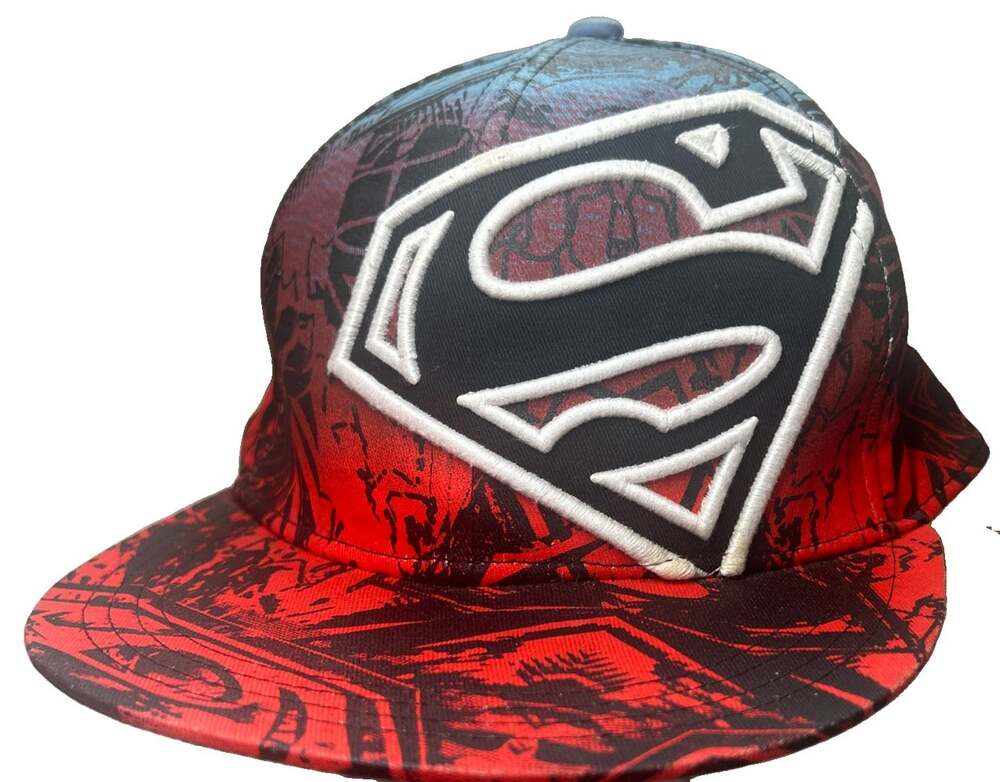 VTG Superman DC Comics Hat Ball Cap Adult Medium Flat Bill Red Blue Graphic RARE